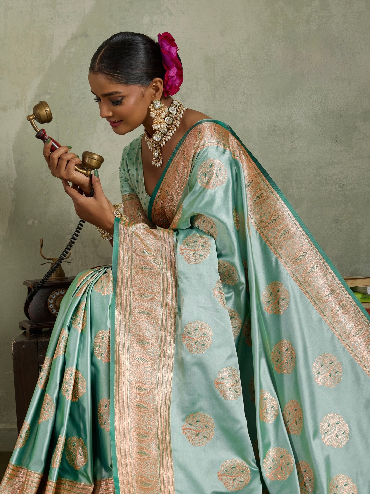 Satin Silk Saree with Zari Weaving and Meenakari Pallu for Women