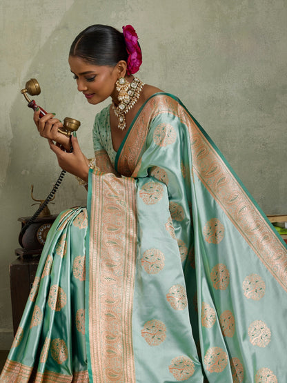 Satin Silk Saree with Zari Weaving and Meenakari Pallu for Women
