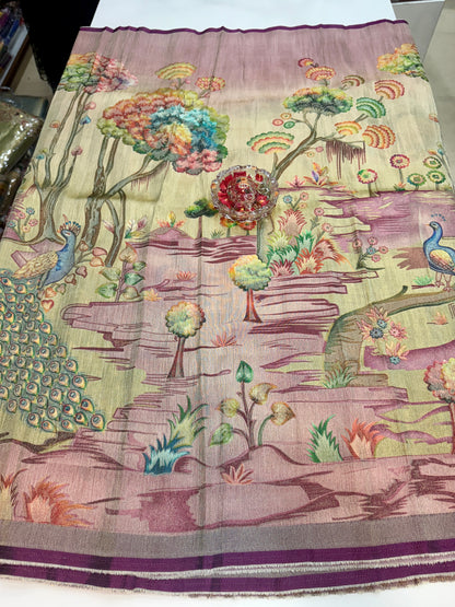 Pure Ziraf Silk Peacock Print Saree with Colorful Nature Motifs and Geometric Border – Soft Silk Printed Saree for Women