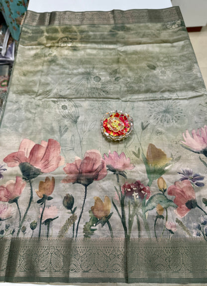 Bamboo Silk Saree with Chex Texture and Rich Pallu – Digital Floral Print Saree for Women