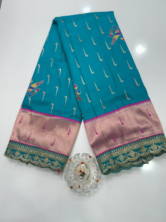 Paithani Lace Border Soft Silk Saree with Contrast Blouse for Women