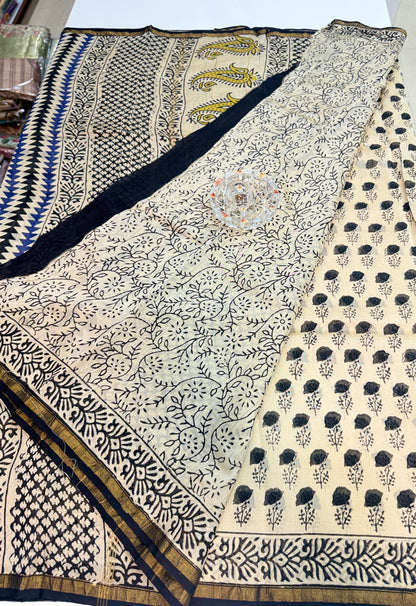 Pure Chanderi Silk Saree with Intricate Handblock Print and Blouse Piece – Traditional Wear for Women