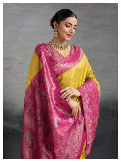 Kanjivaram Soft Silk Saree with Double Zari Kadiyal Border, Meenakari Pallu and Brocade Blouse