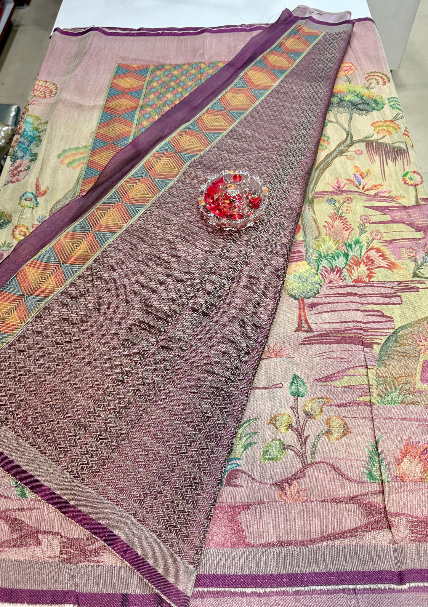 Pure Ziraf Silk Peacock Print Saree with Colorful Nature Motifs and Geometric Border – Soft Silk Printed Saree for Women