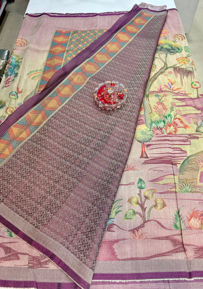 Pure Ziraf Silk Peacock Print Saree with Colorful Nature Motifs and Geometric Border – Soft Silk Printed Saree for Women