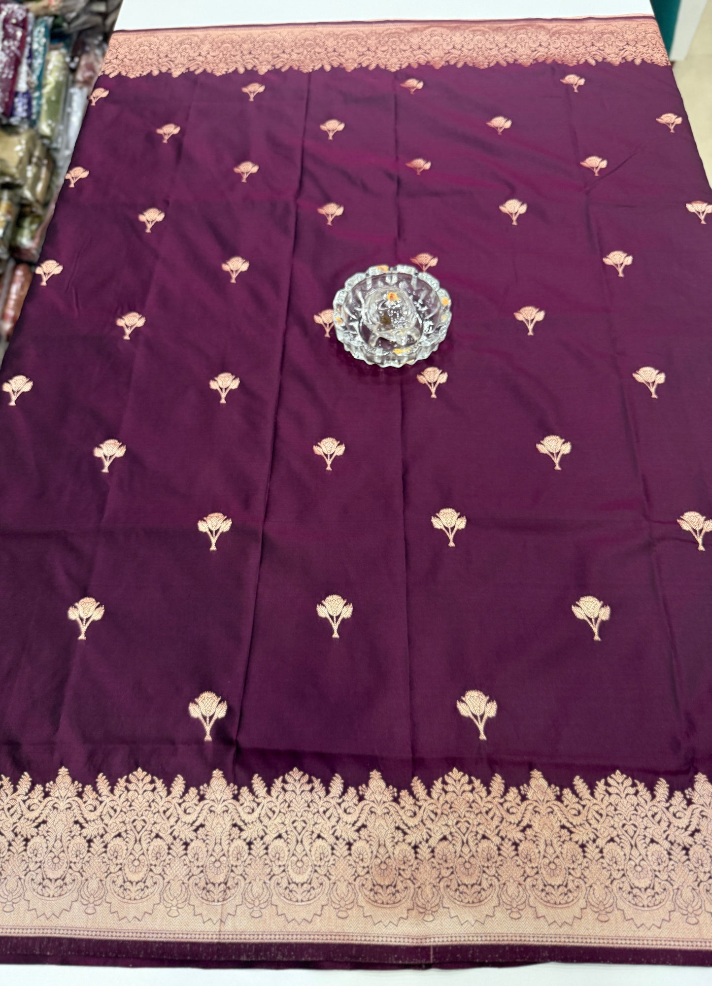 Soft silk saree with woven floral border and contrast brocade blouse piece