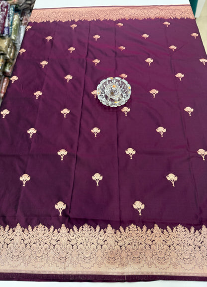 Soft silk saree with woven floral border and contrast brocade blouse piece
