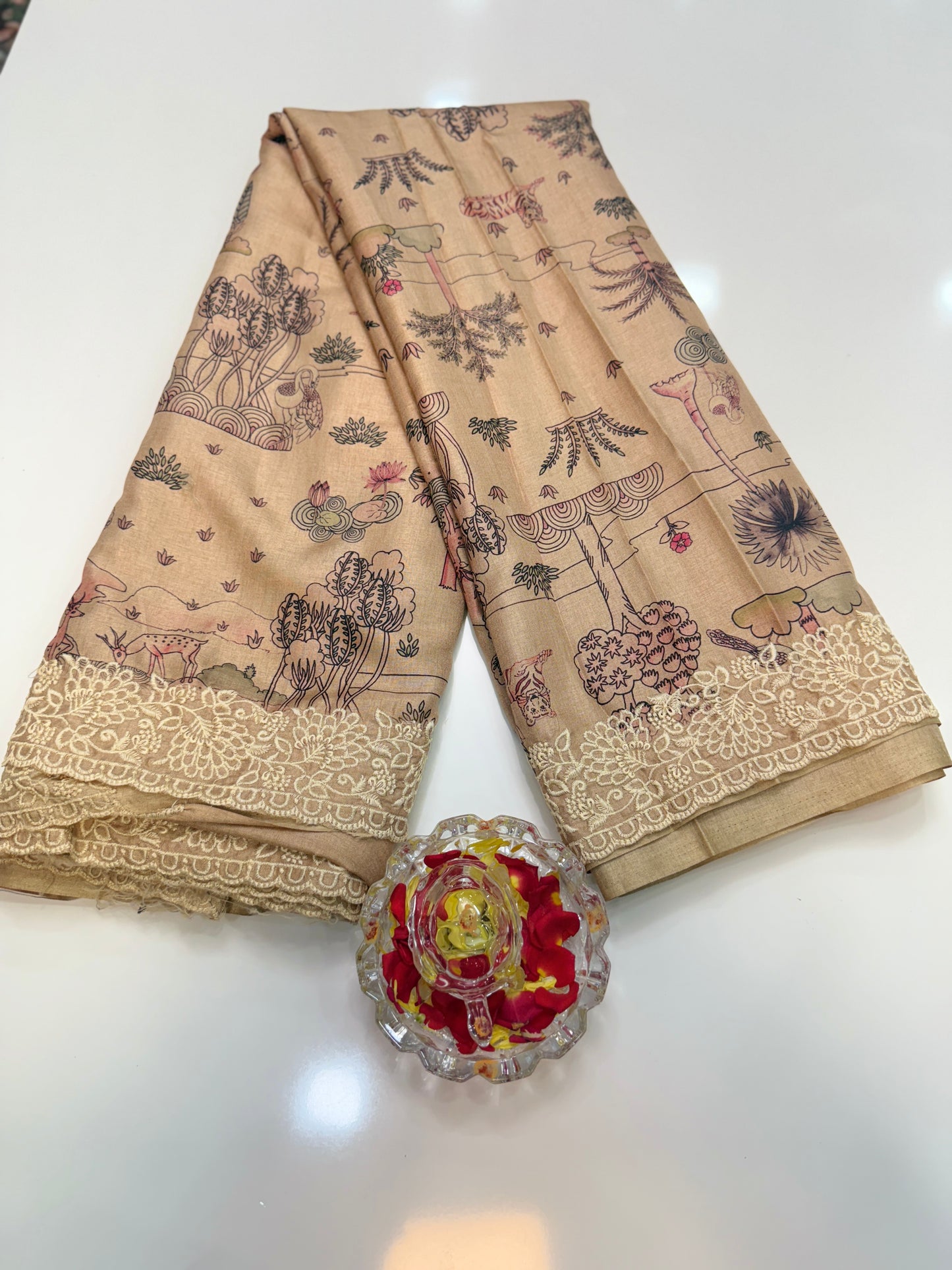 Ernakulam Silk-Blend Embroidered Saree with Printed Design and Lace Border – Festive Wear for Women