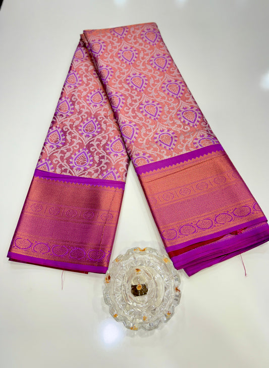 Bridal tissue saree for women with woven zari work and contrast border, kanchipuram style powerloom saree with blouse fabric