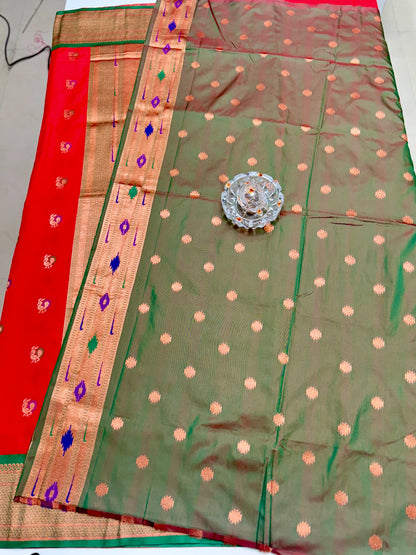 Paithani Soft Silk Saree with Zari Weaving and Contrast Blouse