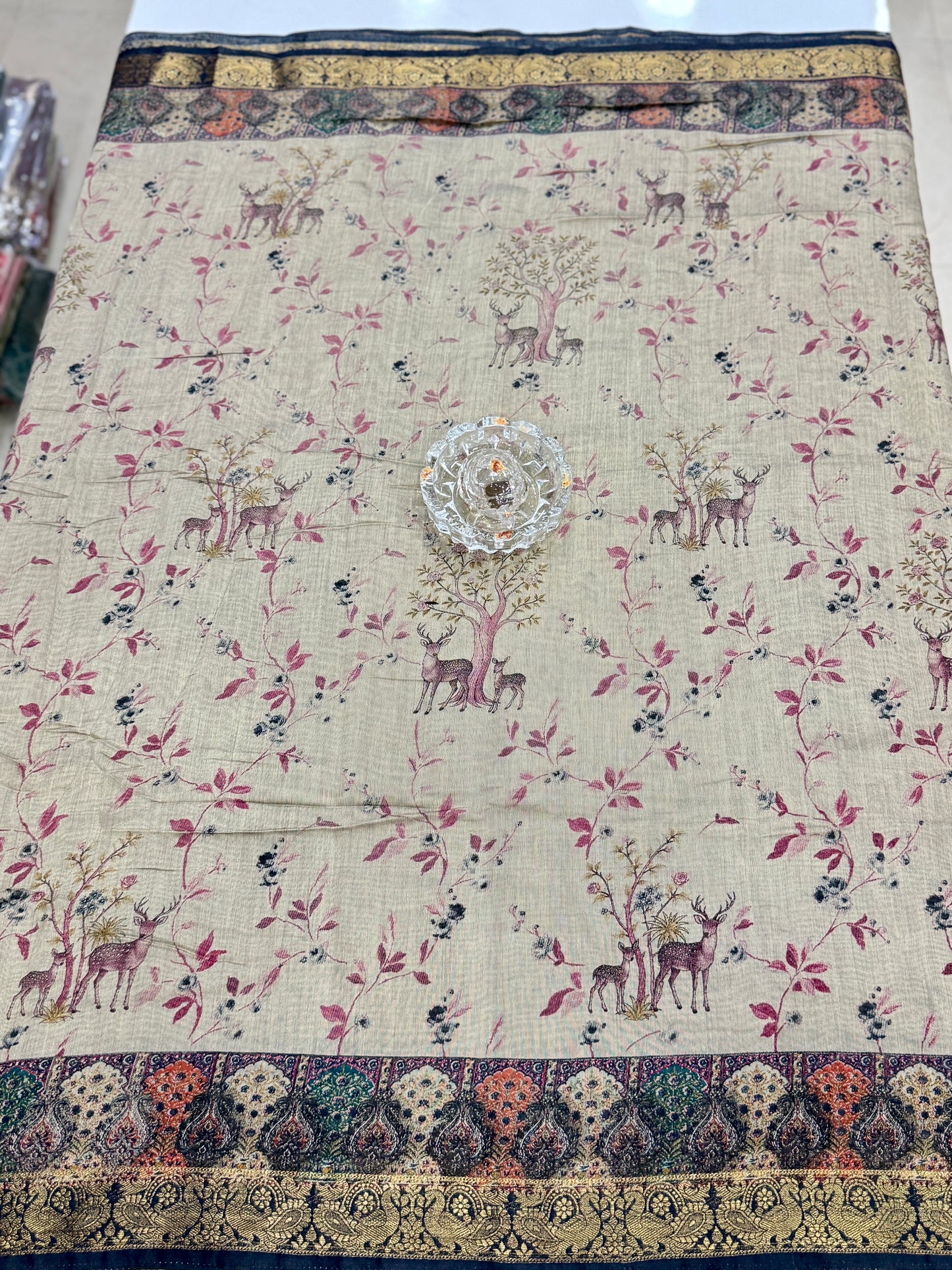 Chennuri silk style printed saree with traditional artwork border and unstitched blouse fabric for women