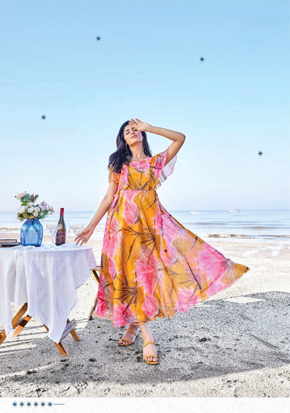Viscose Chiffon Digital Printed Dress with Fancy Brooch – Autumn Breeze Collection for Women