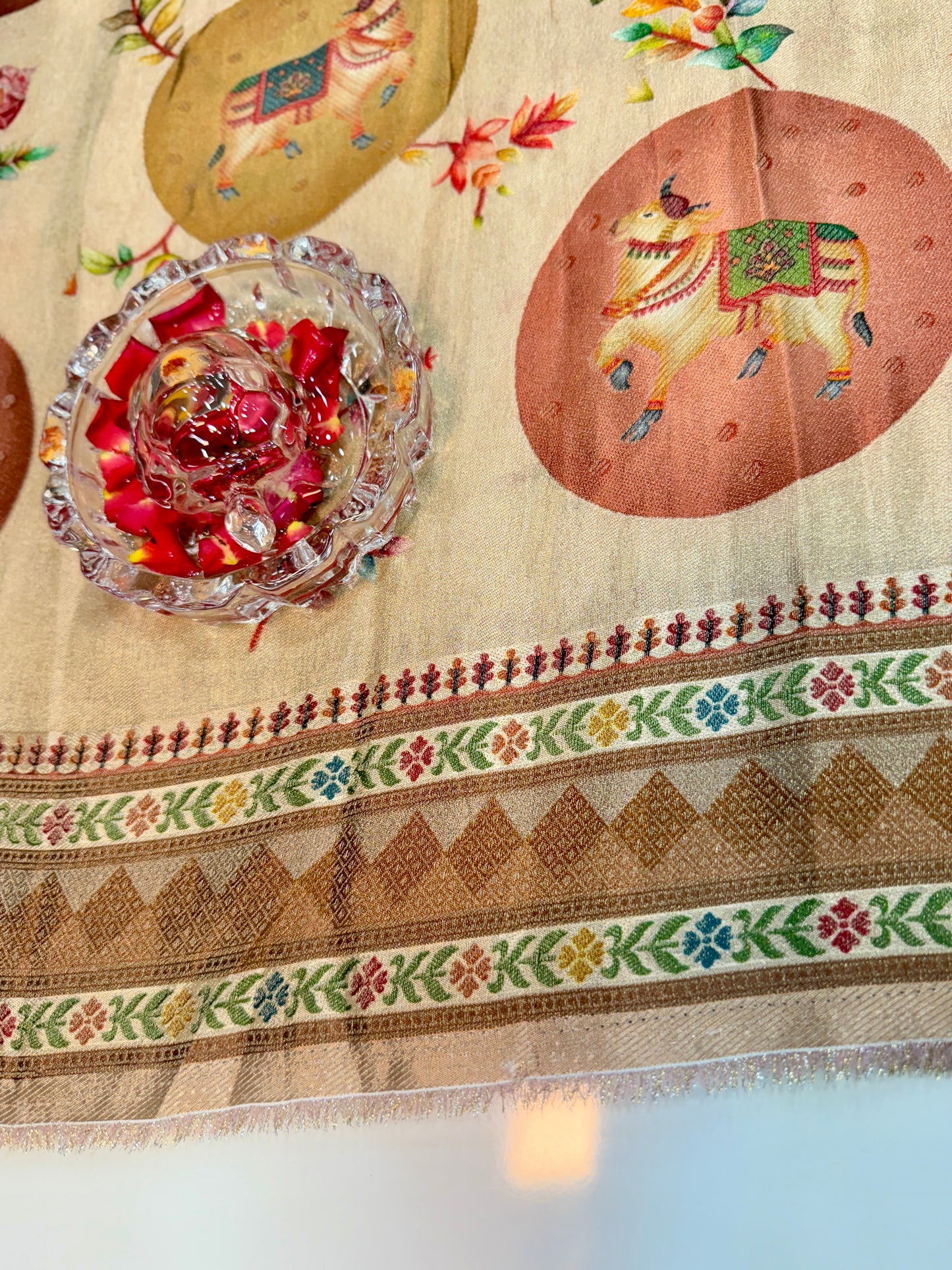 Pure Ziraf Silk Printed Saree with Elephant and Floral Motifs – Lightweight Soft Silk Saree for Women