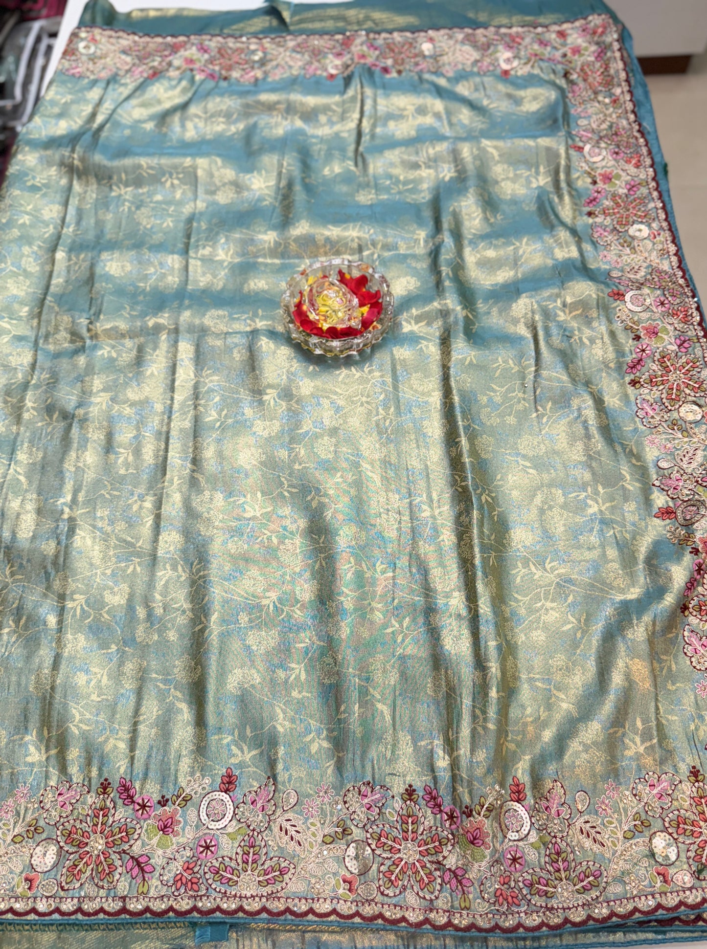 Tissue Silk Saree with Embroidery, Sequin, and Mirror Work Border – Festive Saree for Women