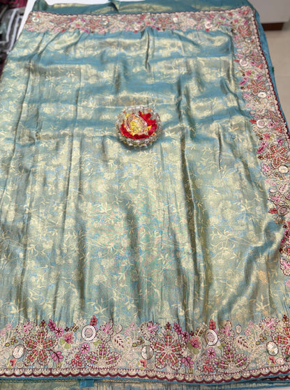 Tissue Silk Saree with Embroidery, Sequin, and Mirror Work Border – Festive Saree for Women