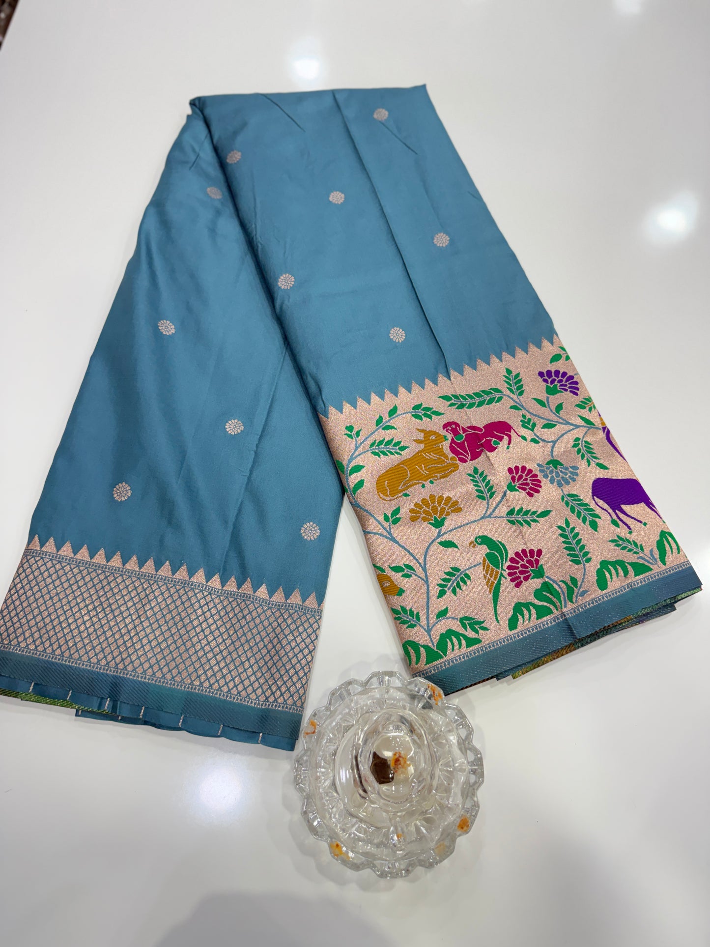 Paithani printed soft silk saree with zari-style border and contrast blouse for women