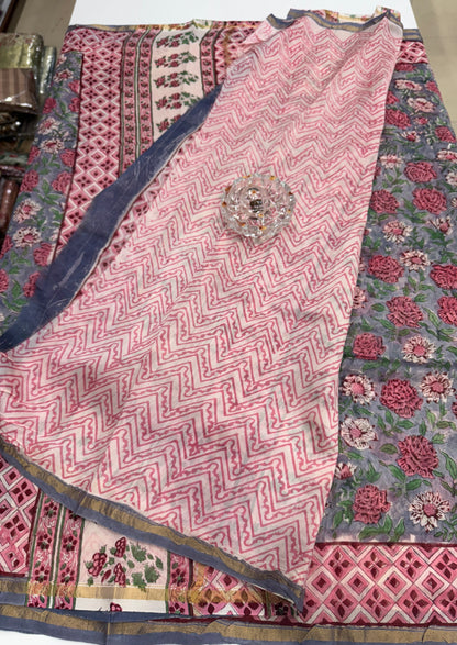 Pure Chanderi Silk Saree with Intricate Handblock Print and Blouse Piece – Traditional Wear for Women