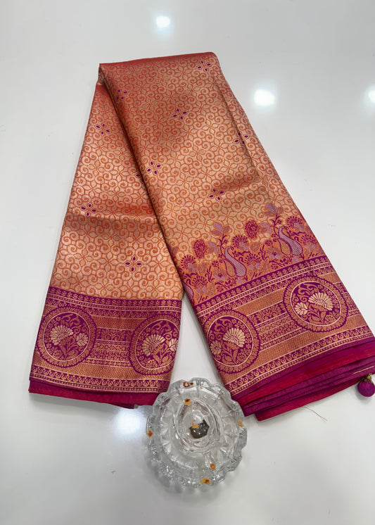 Kanjivaram Soft Silk Saree with Meenakari Weaving, Broad Pattu and Potli Tassels – Wedding Silk Saree for Women