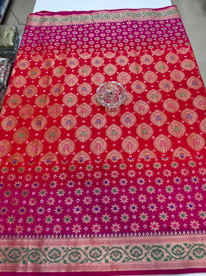 Banarasi dupiyan bandhani saree with semi-weaving neemjari work and hand chunri craftsmanship