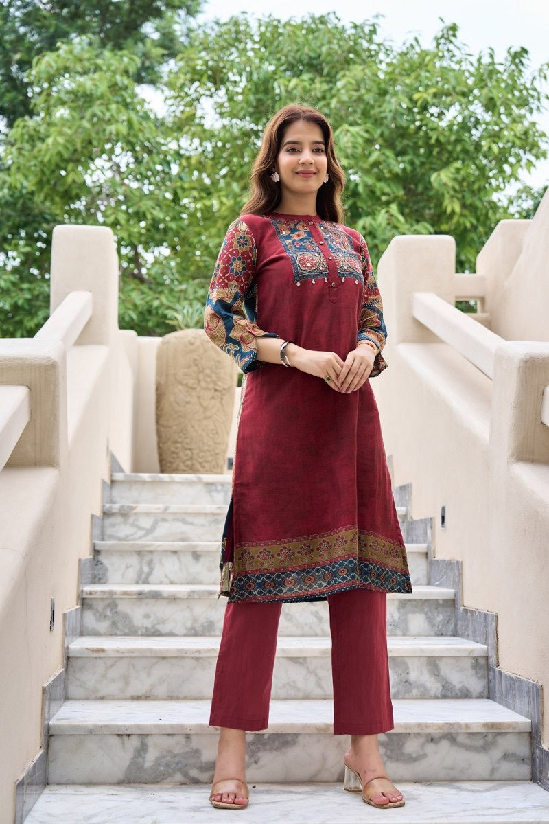 Printed Cotton Kurta Pant Set with Yoke Embroidery – Elegant Daily and Festive Wear for Women
