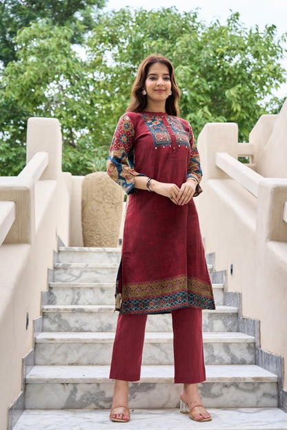 Printed Cotton Kurta Pant Set with Yoke Embroidery – Elegant Daily and Festive Wear for Women
