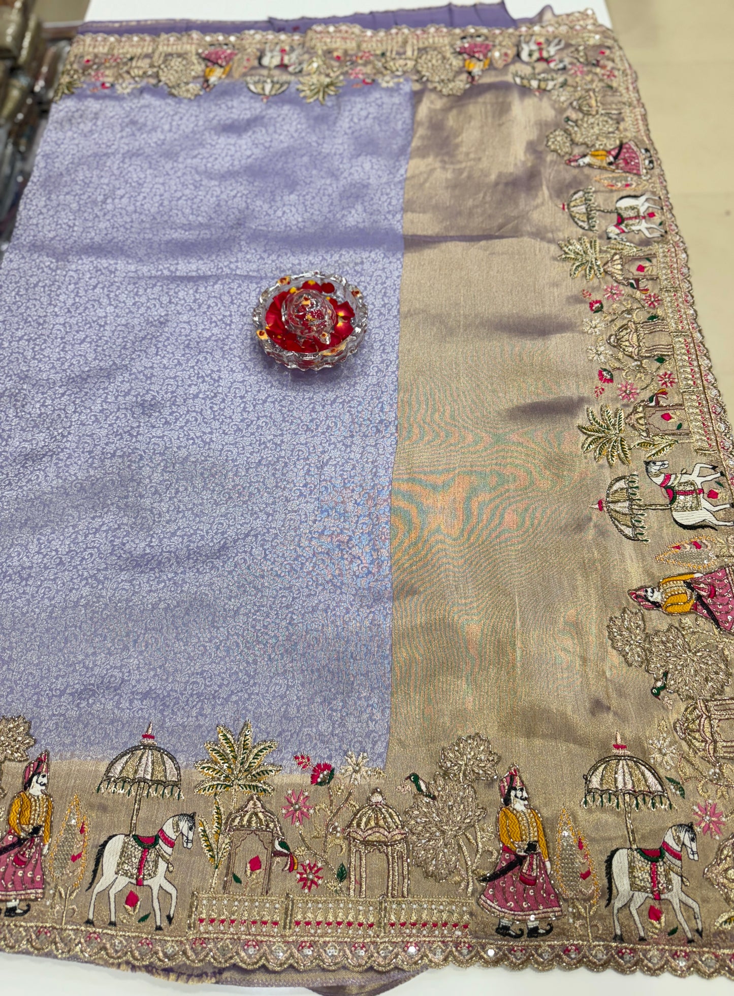 Pure Ziraf Silk Saree with Zari, Thread, Cut Dana, Moti & Mirror Heavy Work – Luxury Bridal and Festive Wear Saree for Women