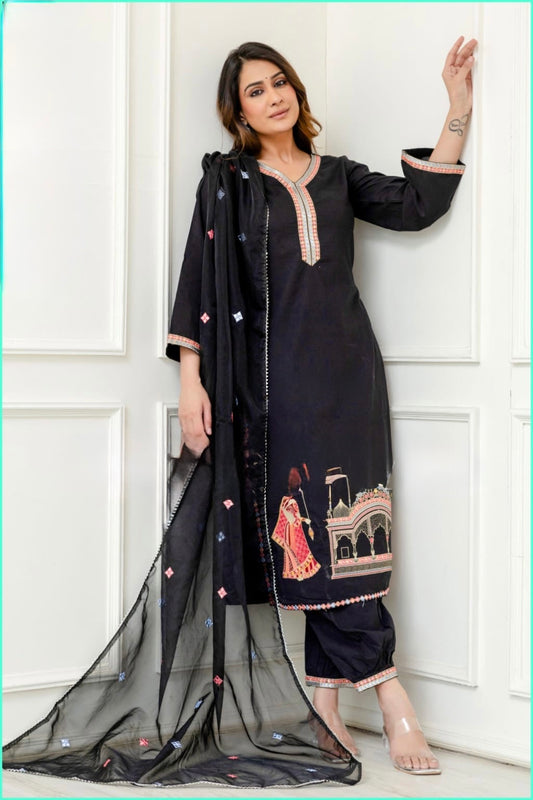Black Cotton Suit Set with Zari Mirror Embroidery Afghani Pants and Organza Dupatta for Women
