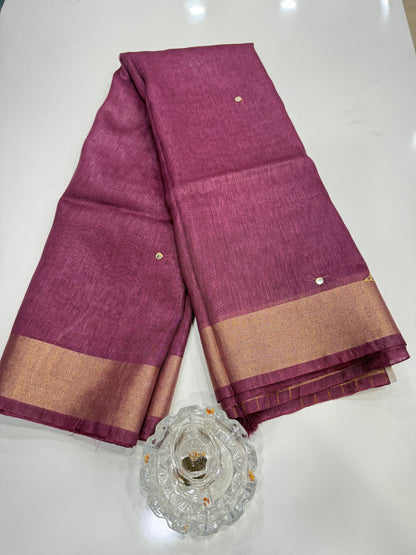 Pure Tissue 150 Count Linen Handloom Saree with Handwork and Running Blouse for Women