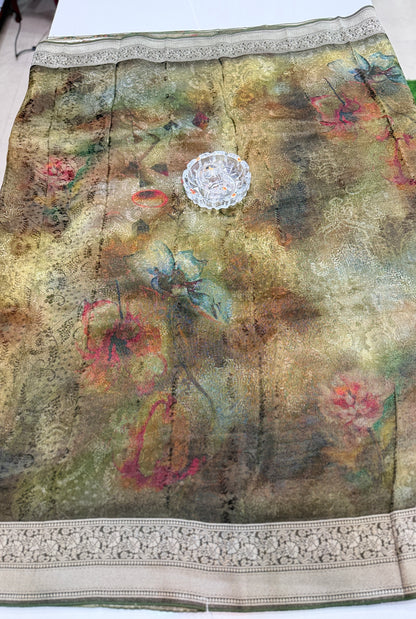 Tissue Zari Silk Saree with Digital Print and Woven Border – Premium Festive and Wedding Saree for Women