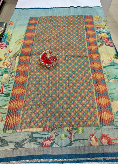 Pure Ziraf Silk Peacock Print Saree with Colorful Nature Motifs and Geometric Border – Soft Silk Printed Saree for Women