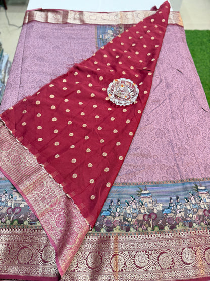 Russian Viscose Crepe Silk Chittpallu Saree with Heritage Print and Zari Border for Women