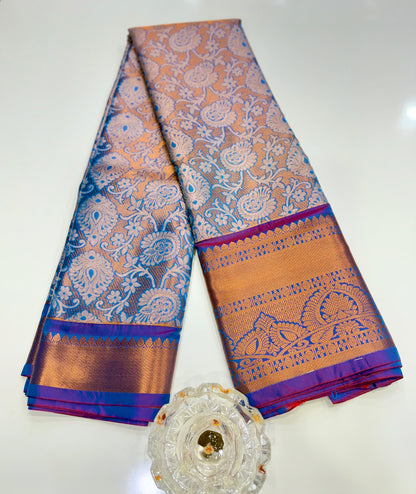 Bridal tissue saree for women with woven zari work and contrast border, kanchipuram style powerloom saree with blouse fabric