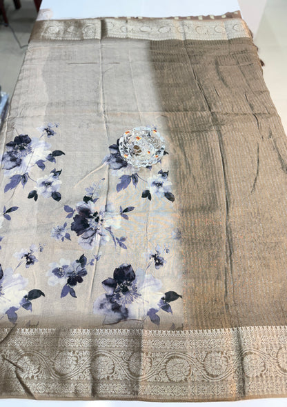 Russian Viscose Crepe Silk Chittpallu Saree with Heritage Print and Zari Border for Women