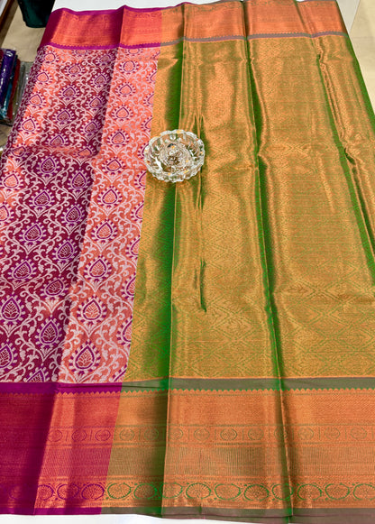 Bridal tissue saree for women with woven zari work and contrast border, kanchipuram style powerloom saree with blouse fabric