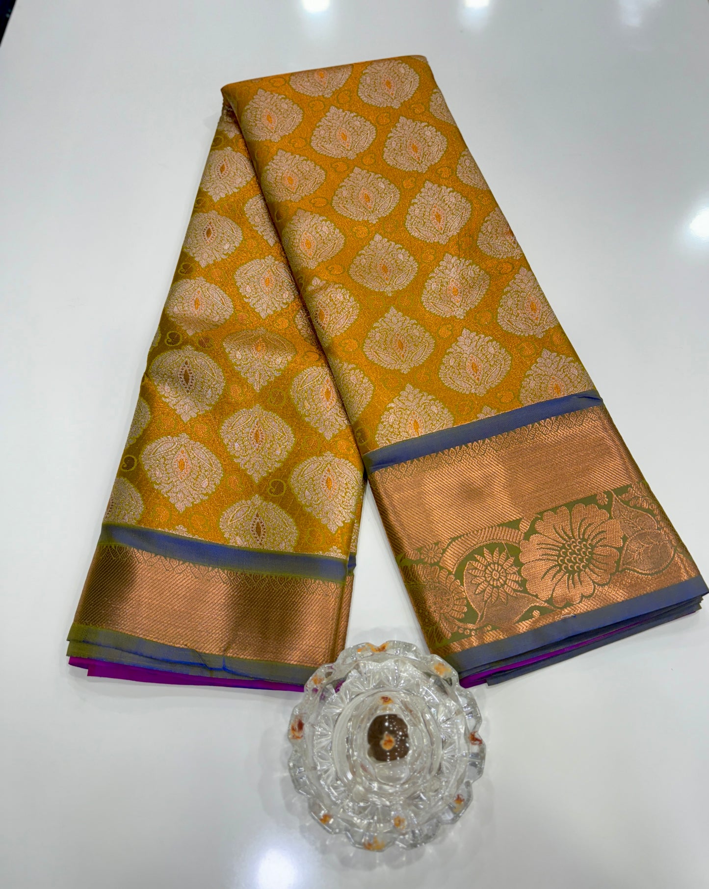 Bridal tissue saree for women with woven zari work and contrast border, kanchipuram style powerloom saree with blouse fabric