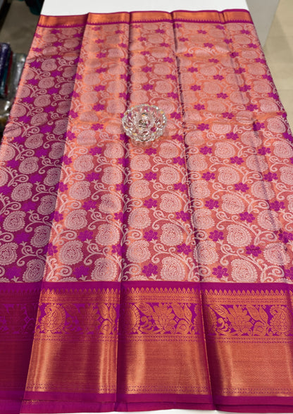 Bridal tissue saree for women with woven zari work and contrast border, kanchipuram style powerloom saree with blouse fabric