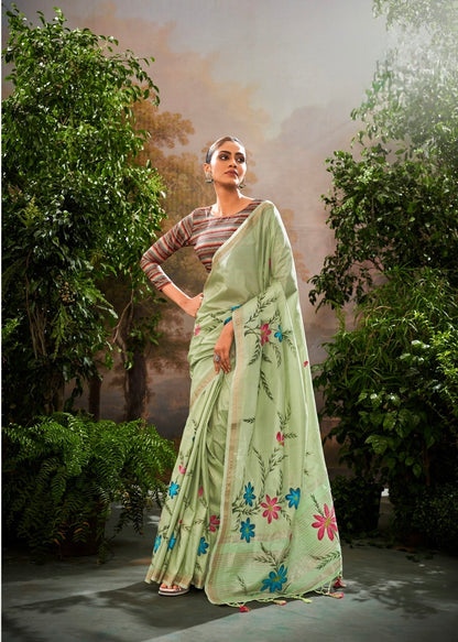 Soft Linen Tissue Saree with Hand Brush Print and Kalamkari Blouse – Festive and Wedding Wear