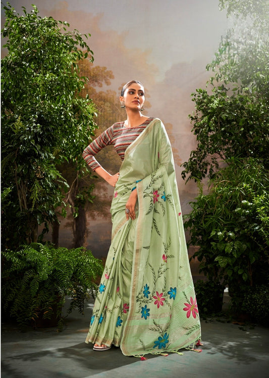 Soft Linen Tissue Saree with Hand Brush Print and Kalamkari Blouse – Festive and Wedding Wear