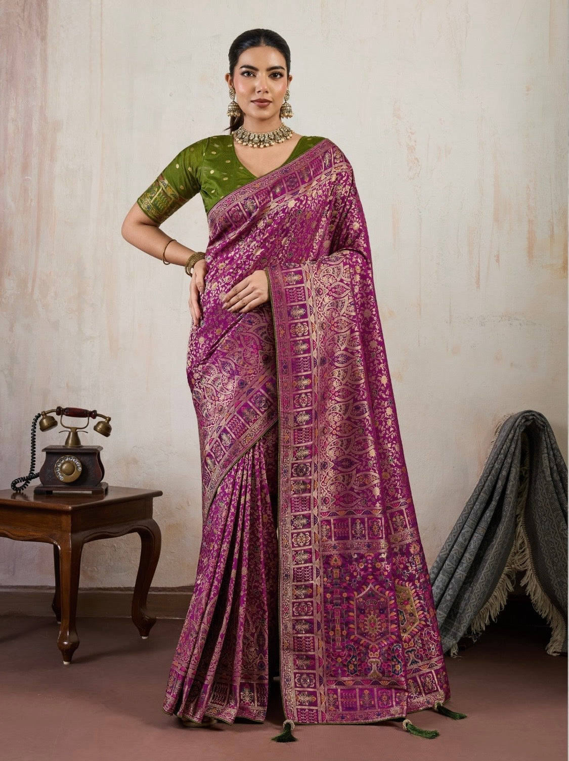 Soft Makhmal Silk Saree with 11-Shade Meenakari Weaving and Grand Pallu – Heritage Wedding Saree for Women