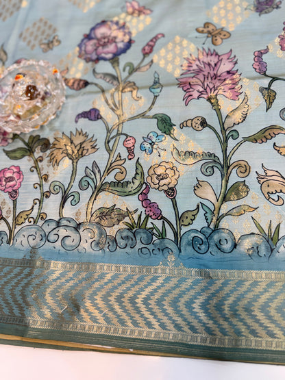 Bamboo Silk Floral Printed Saree with Rich Decorative Pallu, Rich Floral Kalamkari Style Prints