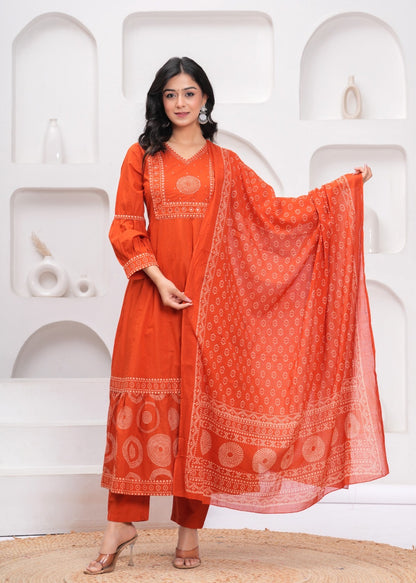 elegant rust cotton kurta set with mirror & sequin hand detailing