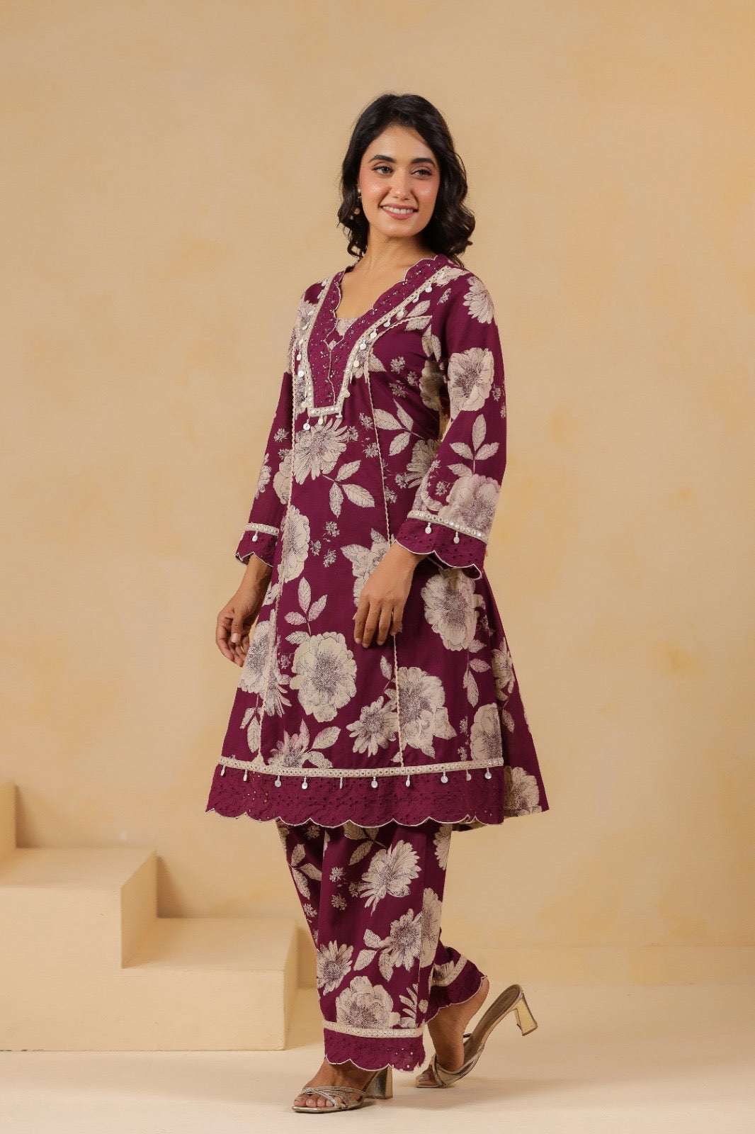 Pure Cotton Floral Printed Kurti Pant Set with Lace Detailing for Women – Wine Colour