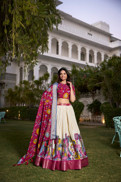 Printed Kalamkari Lehenga With Zari Weaving Border
