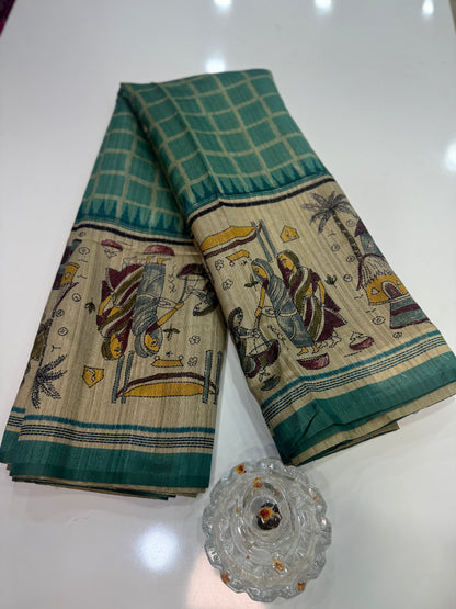 Spider Silk Saree with Folk Art Print Border and Tassel Pallu