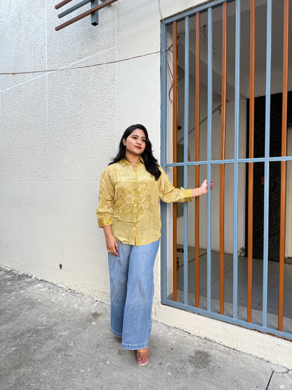 Crepe Bandhani Printed Top with Pintuck Detailing and Metal Buttons for Women