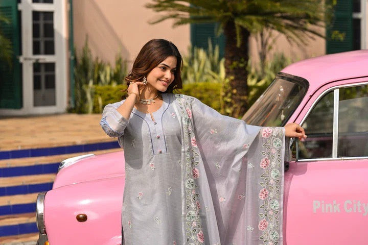 Kota Doria Embroidered Suit Set with Dupatta for Women – Light Grey, Kurta Pant Dupatta