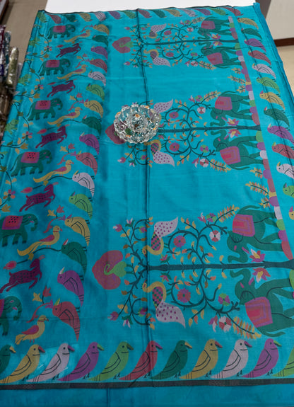 Soft silk printed saree with multicolour ethnic motifs and contrast blouse piece