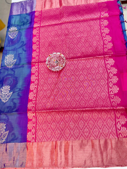 Pochampalli Printed Silk Saree with Satin Border and Blouse – Powerloom Weave for Women