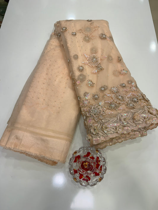 Champagne Gold Sequin Embroidered Saree for Women – Fancy Designer Fabric with 3D Floral and Crystal Work