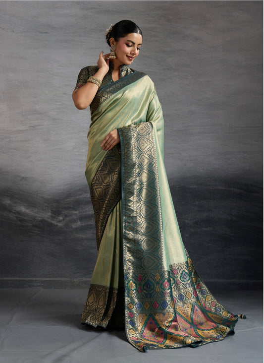 Kanjivaram Soft Silk Saree with Double Zari Weaving and Meenakari Pallu for Women